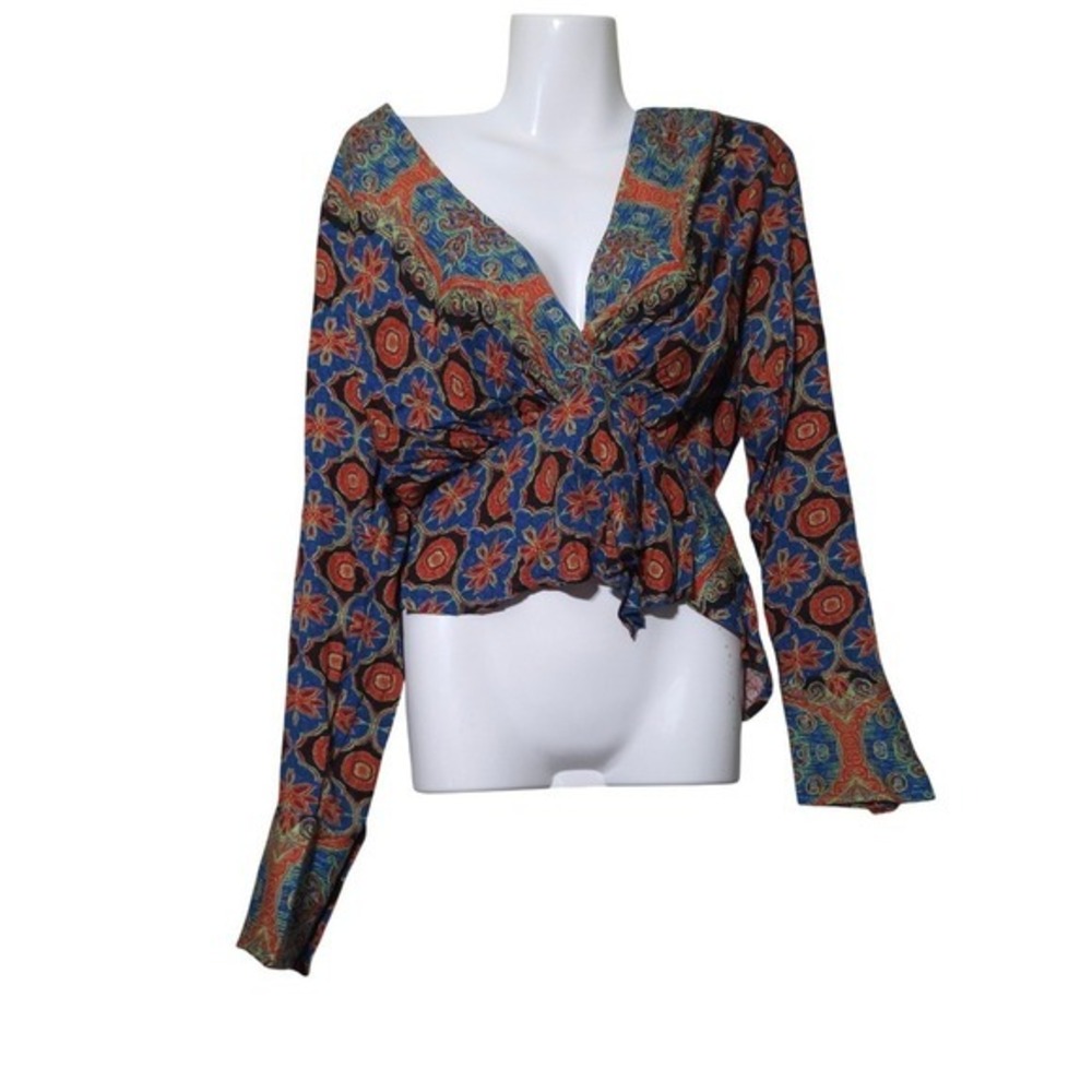 Free People Wrap Top Boho Floral Paisley Long Sleeve Y2k Artsy Gypsy Style - Picture 3 of 7